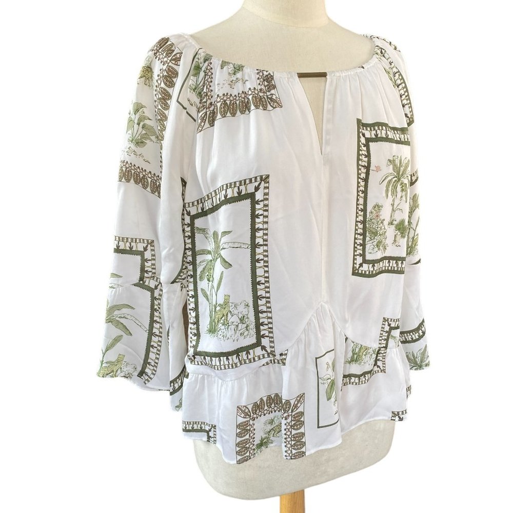 NWT Ecru Bellucci Tropical Postcard Bar Detail Animal Print Indie Ruffle Top-L